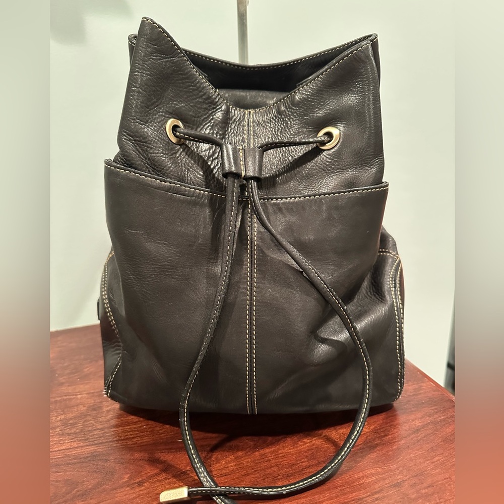 Liz Claiborne Black Leather Drawstring Backpack